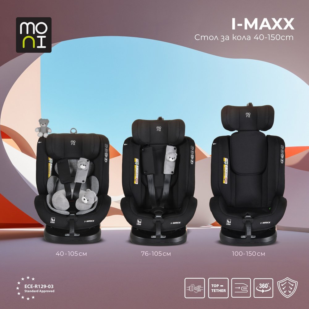 MONI Scaun auto cu isofix i-Maxx Space-gray 40-150 cm sezut rotativcertificat I-Sizesistem de fixare sonorspatar reglabil in 5 pozitiipernuta gatjucarie plus si protectie centura incluse