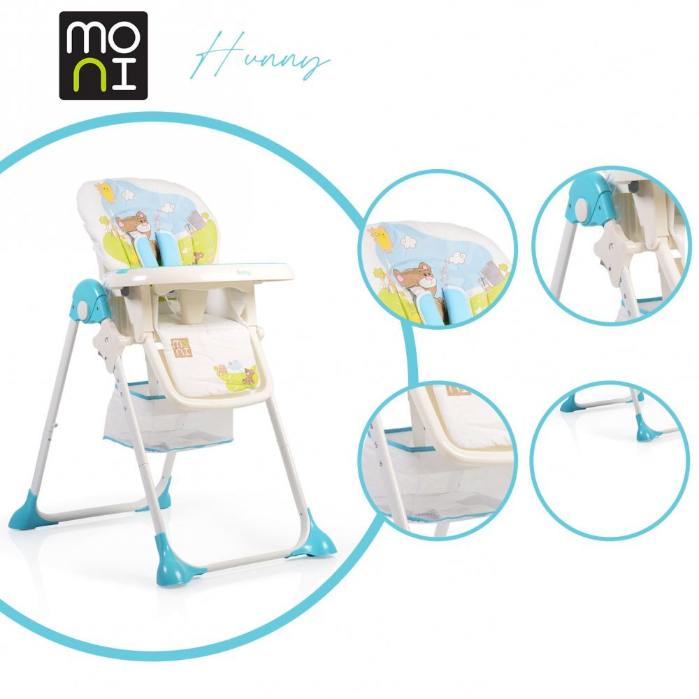 MONI Scaun de masa copii Cangaroo Hunny Blue cu pliere compacta6 pozitii reglare inaltimecentura de sigurantahusa impermeabila si cos jucarii
