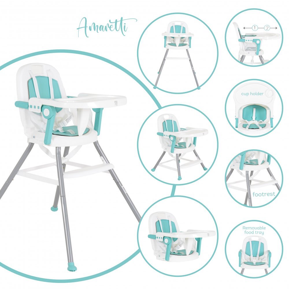 MONI Scaun de masa pentru bebelusi Amaretti Mint multifunctional 3in1functie booster si scaunelmasuta reglabilahusa piele ecologicasuport picioare reglabilcenturi de siguranta
