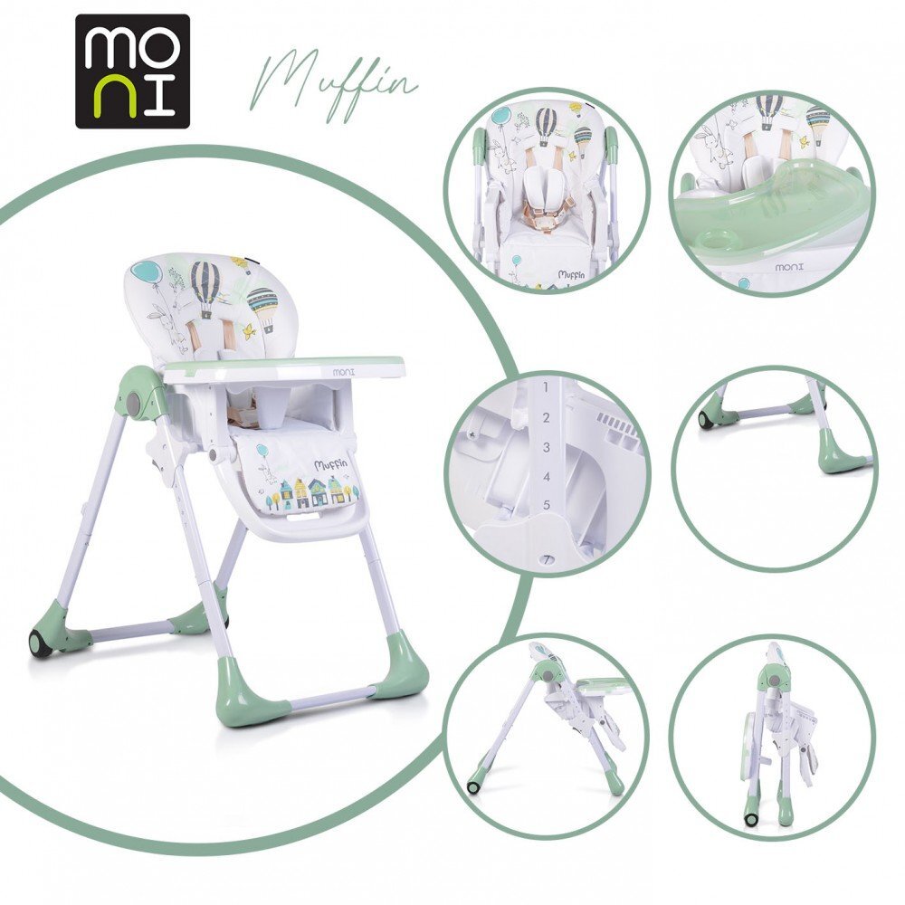 MONI Scaun de masa pentru bebelusi Muffin Verde pliabilinaltime reglabila 7 pozitiispatar reglabil cu pozitie de somnrotihusa impermeabilacenturi de sigurantatavita dubla