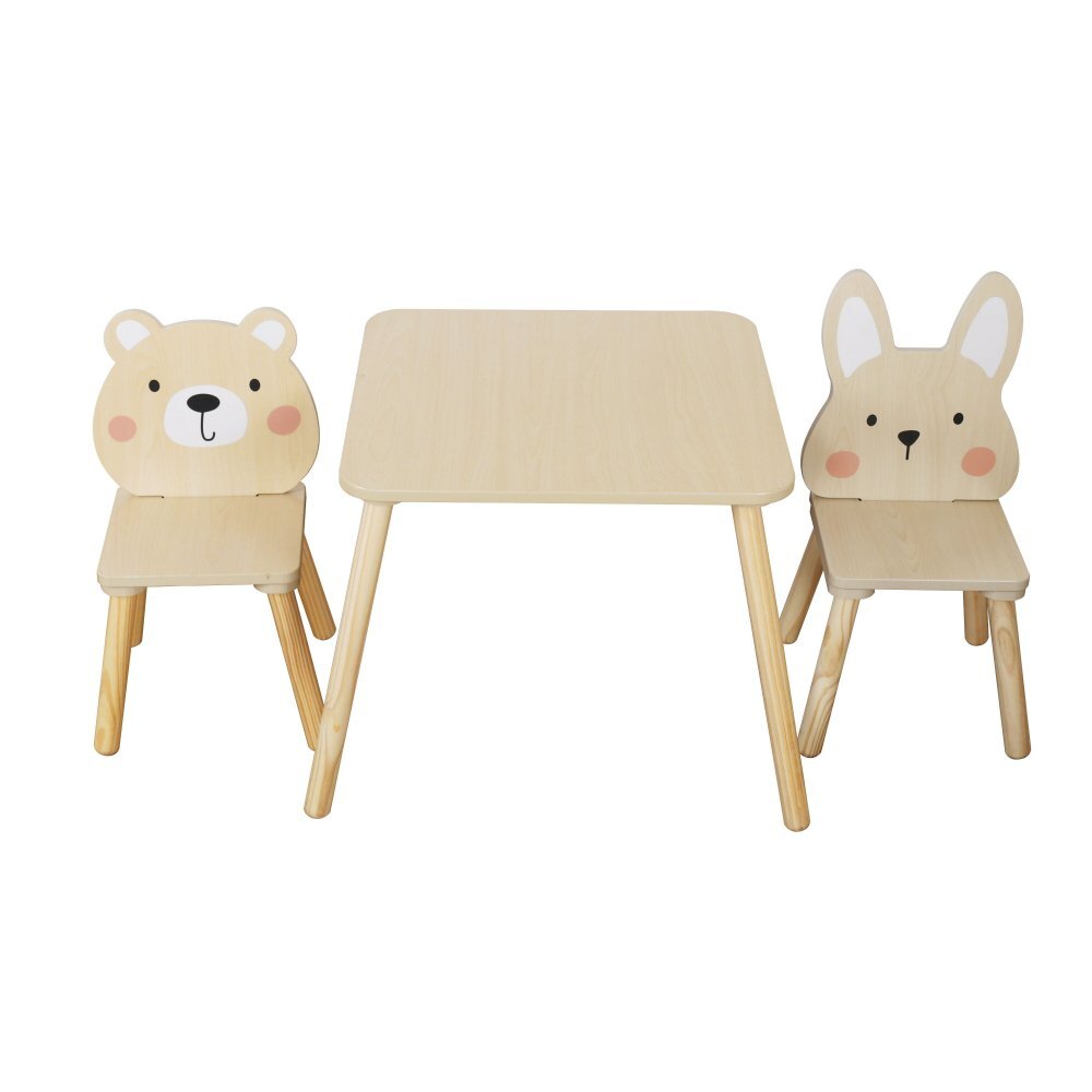 MONI Set masuta si 2 scaunele cu spatar pentru copii din material MDF Bear and Bunny Beige