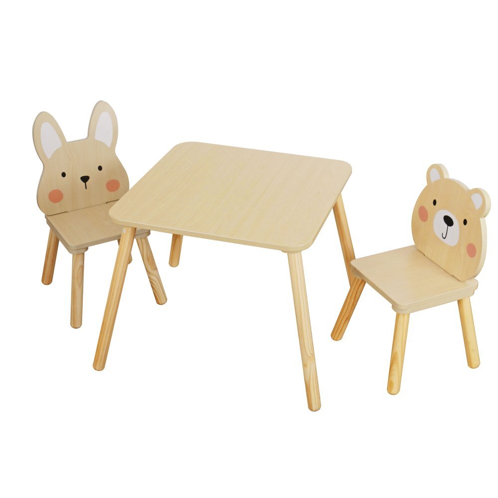 MONI Set masuta si 2 scaunele cu spatar pentru copii din material MDF Bear and Bunny Beige
