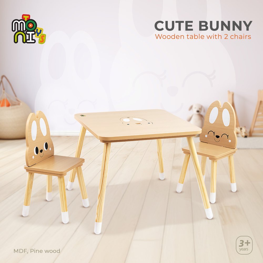MONI Set masuta si 2 scaunele din lemn si MDF pentru copii Cute Bunny cu spatiu de depozitarepicioare antiderapantemargini rotunjiteusor de curatatpotrivit pentru masadesenactivitatiscrieredimensiune masa 60x60x48 cm