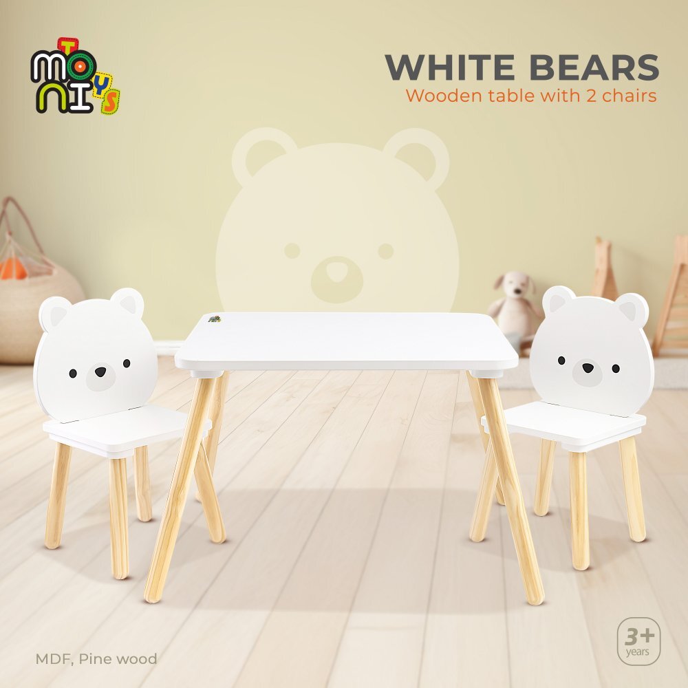 MONI Set masuta si 2 scaunele din lemn si MDF pentru copii White Bears cu picioare antiderapantemargini rotunjiteusor de curatatpotrivit pentru masadesenactivitatiscrieredimensiune masa 62.2x62.2x42.2 cm