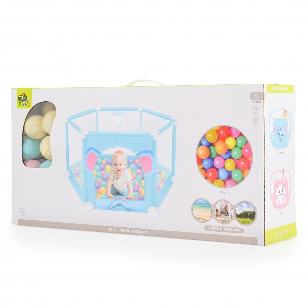 MONI Tarc de joaca pliabil 146x146cmfereastra de acces cu fermoarcos de baschet si 50bile multicolore incluse Iepuras Roz