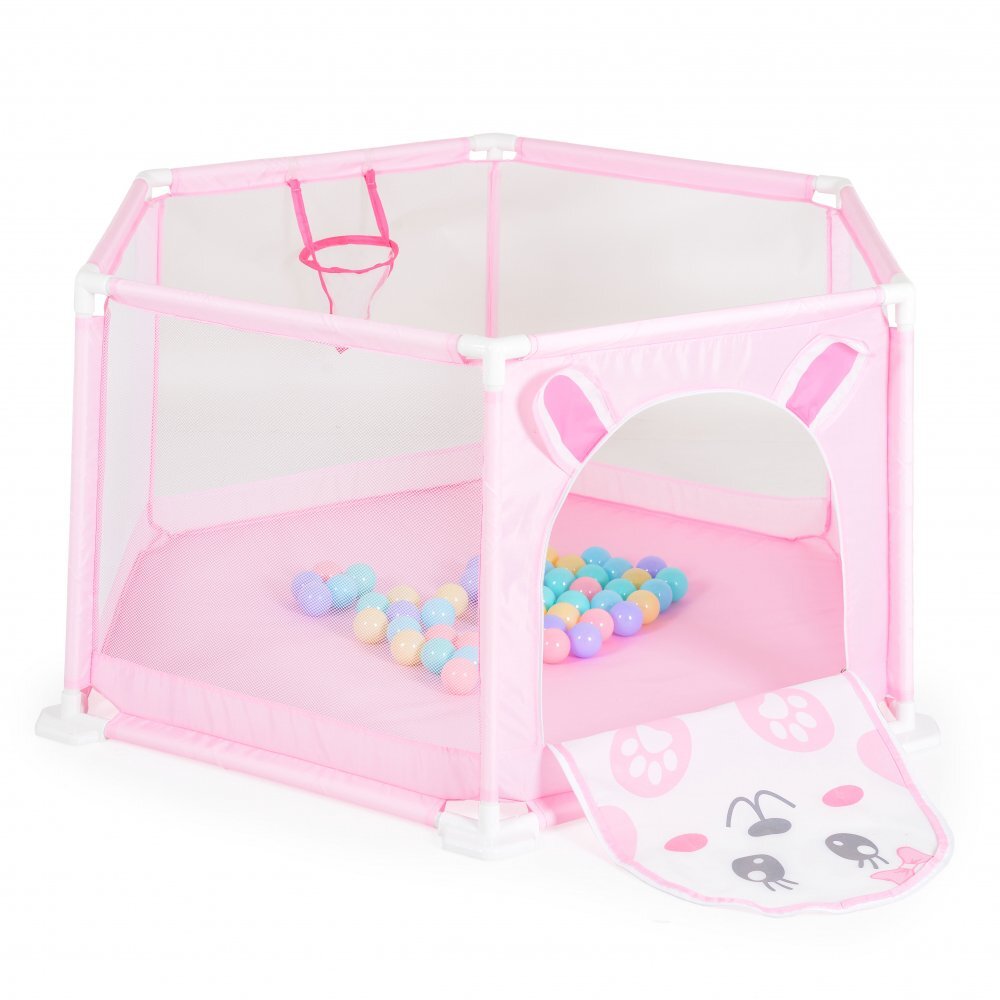 MONI Tarc de joaca pliabil 146x146cmfereastra de acces cu fermoarcos de baschet si 50bile multicolore incluse Iepuras Roz