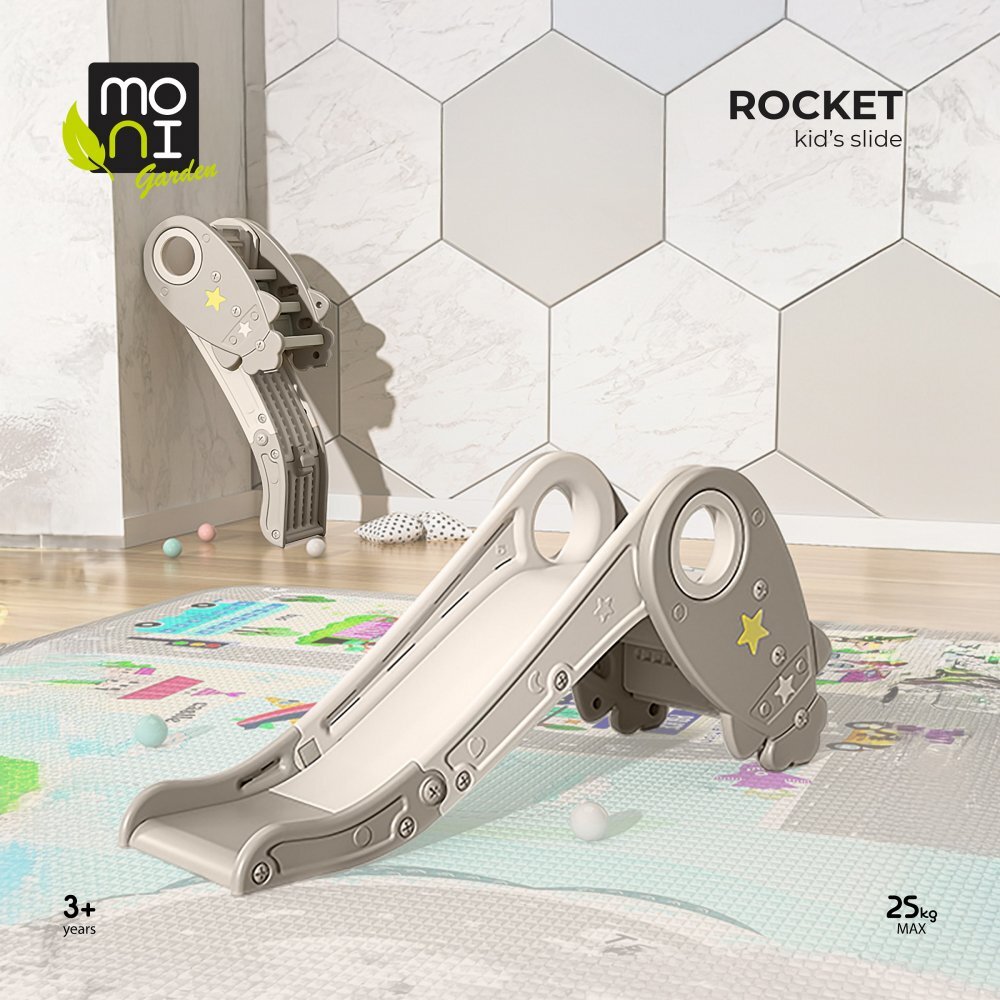 MONI Tobogan pentru copii Rocket Grey cu design pliabil manere sustinere margini rotunjite lungime panta alunecare 108 cm utilizare interiorexterior greutate admisa 25 kg