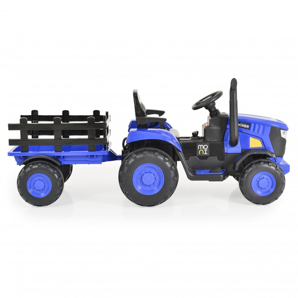 MONI Tractor electric pentru copii Rancher Blue 70W cu remorca si telecomanda pornire la buton Panou audio lumini si claxon