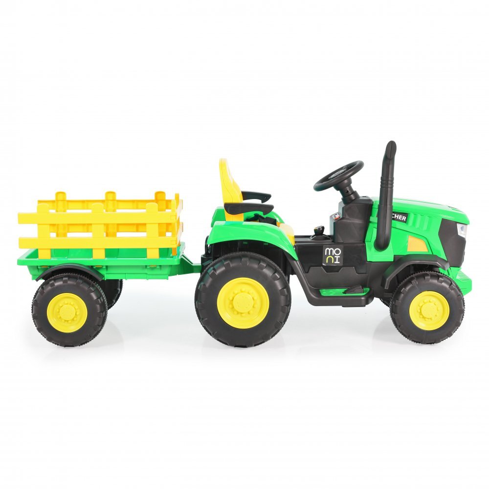 MONI Tractor electric pentru copii Rancher Green 70W cu remorca si telecomanda pornire la buton Panou audio lumini si claxon