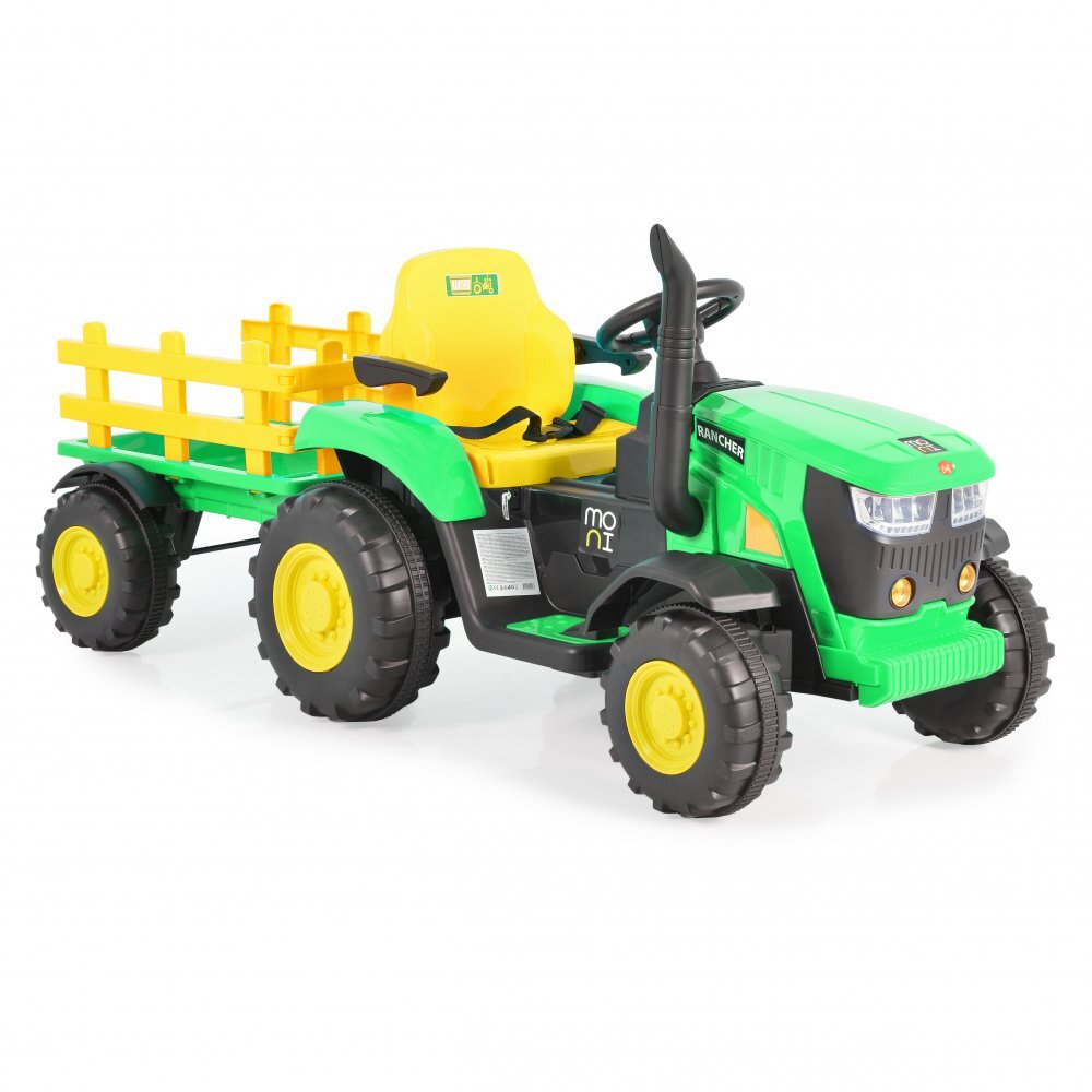 MONI Tractor electric pentru copii Rancher Green 70W cu remorca si telecomanda pornire la buton Panou audio lumini si claxon