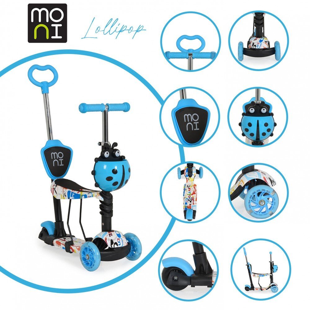 MONI Trotineta evolutiva Scooter 3in1 cu maner parentalviraj intuitivinaltime ghidon reglabila pe 3 nivelebaza antiderapantascaunel cu spatarroti PU cu lumini si cosulet Lollipop Blue