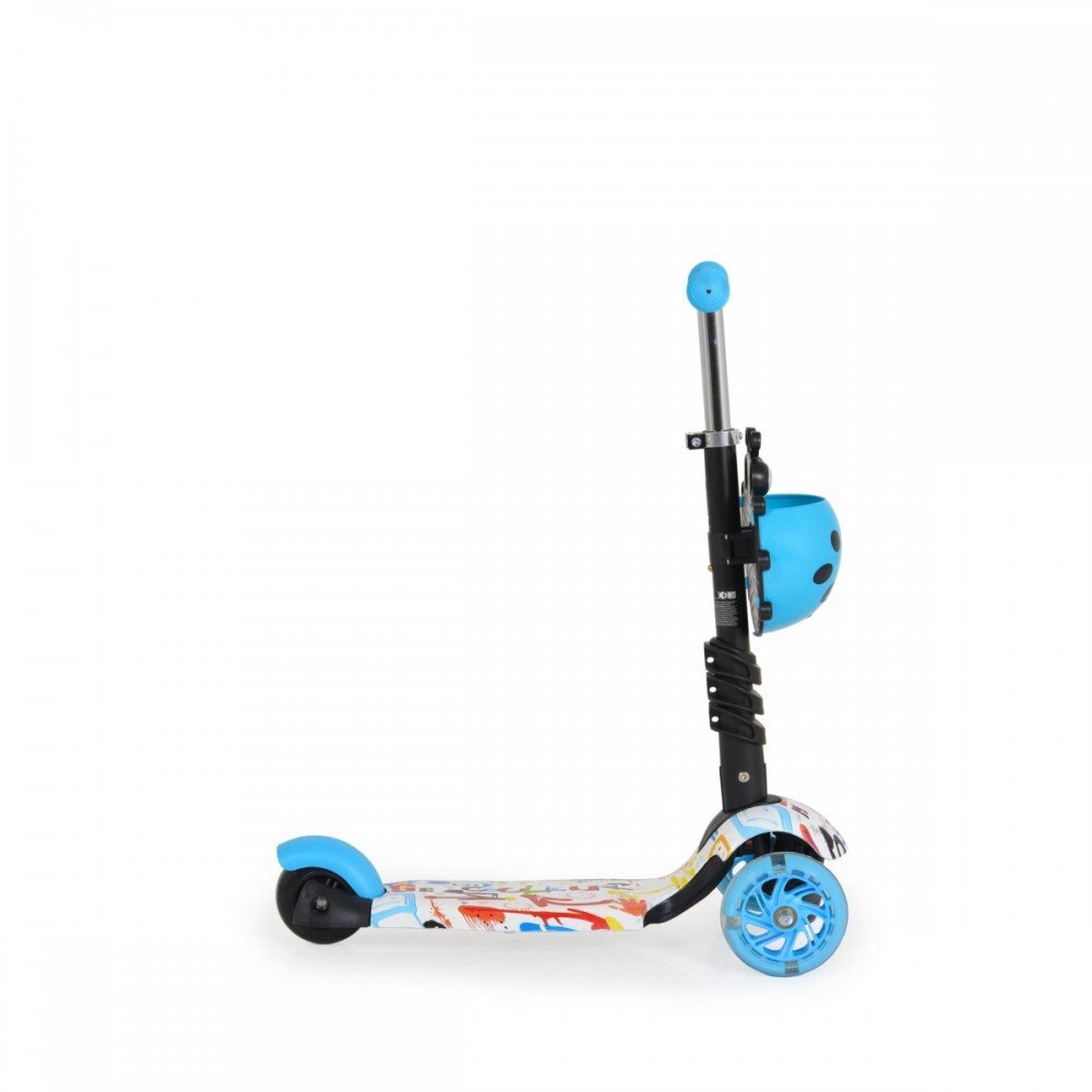 MONI Trotineta evolutiva Scooter 3in1 cu maner parentalviraj intuitivinaltime ghidon reglabila pe 3 nivelebaza antiderapantascaunel cu spatarroti PU cu lumini si cosulet Lollipop Blue