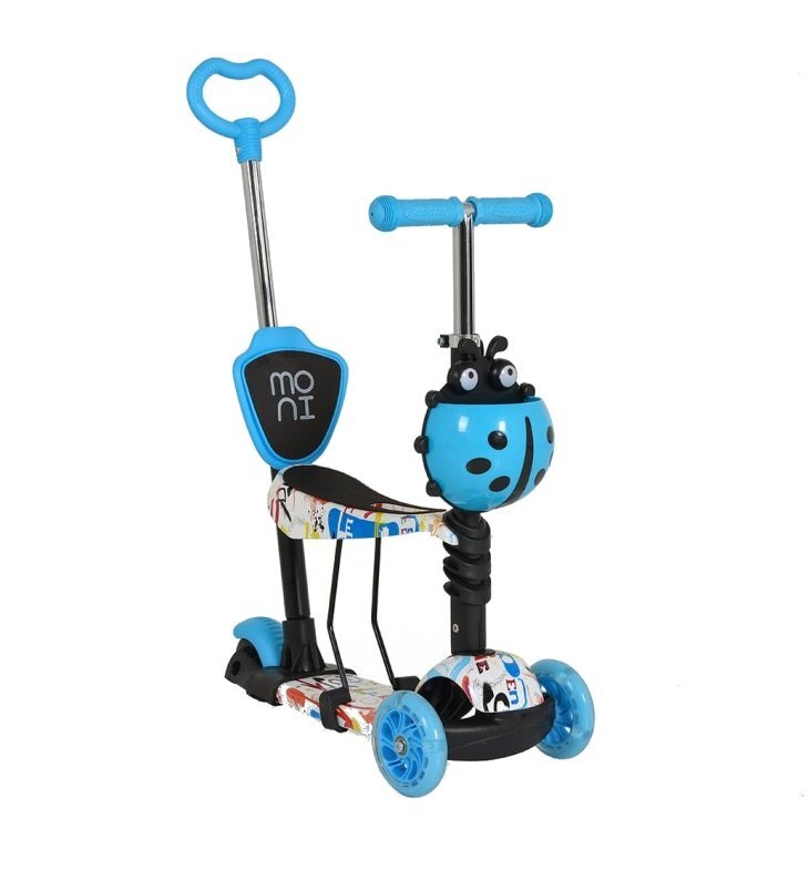 MONI Trotineta evolutiva Scooter 3in1 cu maner parentalviraj intuitivinaltime ghidon reglabila pe 3 nivelebaza antiderapantascaunel cu spatarroti PU cu lumini si cosulet Lollipop Blue