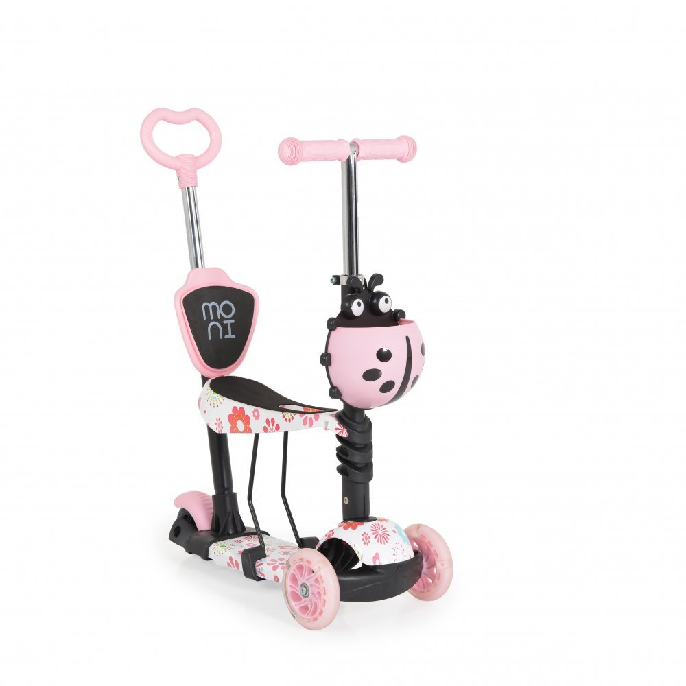 MONI Trotineta evolutiva Scooter 3in1 cu maner parentalviraj intuitivinaltime ghidon reglabila pe 3 nivelebaza antiderapantascaunel cu spatarroti PU cu lumini si cosulet Lollipop Pink