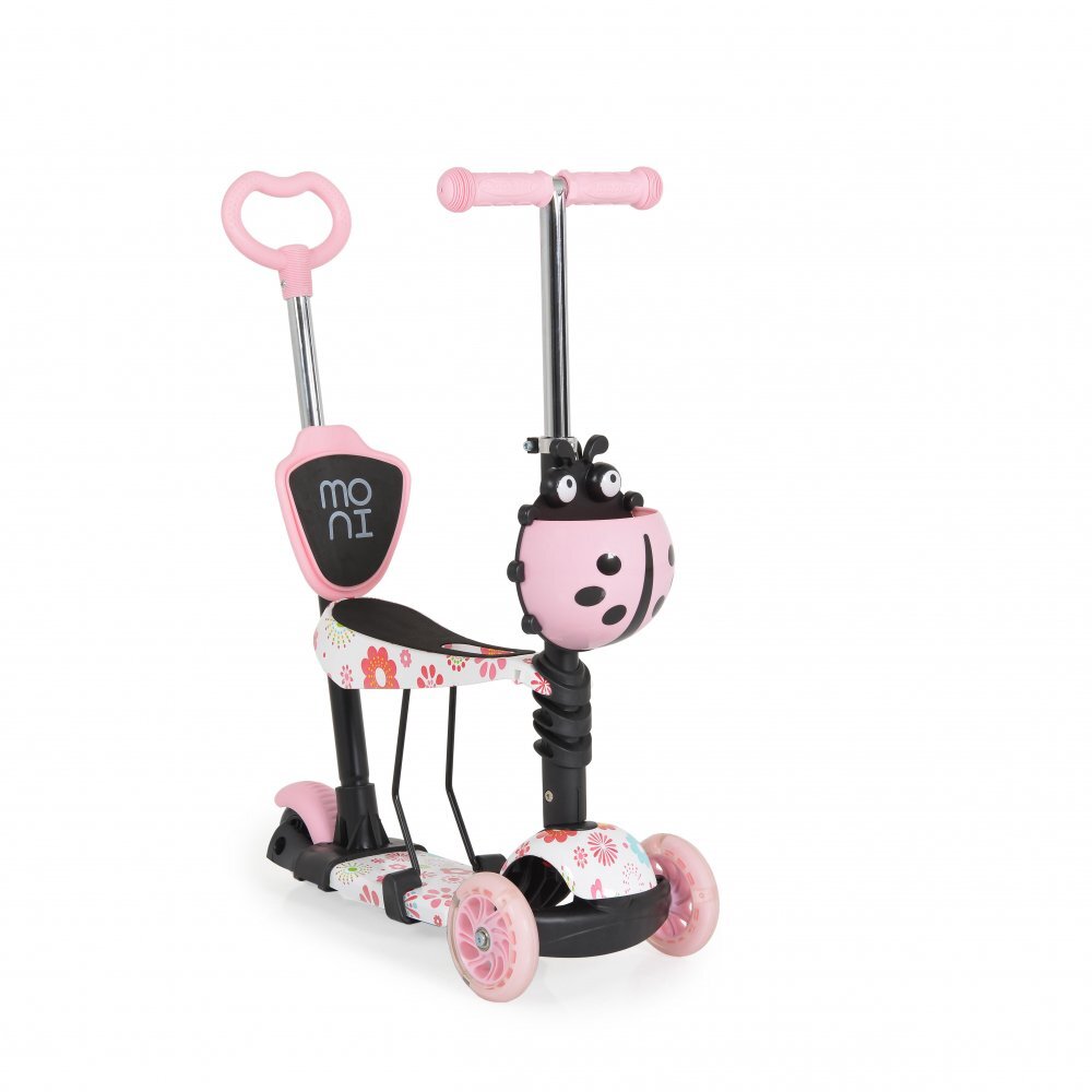 MONI Trotineta evolutiva Scooter 3in1 cu maner parentalviraj intuitivinaltime ghidon reglabila pe 3 nivelebaza antiderapantascaunel cu spatarroti PU cu lumini si cosulet Lollipop Pink