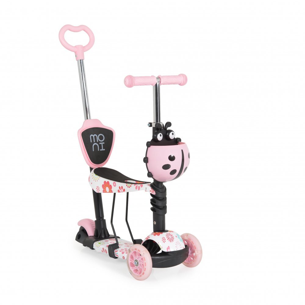 MONI Trotineta evolutiva Scooter 3in1 cu maner parentalviraj intuitivinaltime ghidon reglabila pe 3 nivelebaza antiderapantascaunel cu spatarroti PU cu lumini si cosulet Lollipop Pink