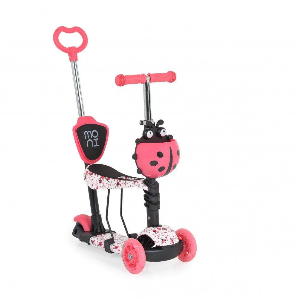 MONI Trotineta evolutiva Scooter 3in1 cu maner parentalviraj intuitivinaltime ghidon reglabila pe 3 nivelebaza antiderapantascaunel cu spatarroti PU cu lumini si cosulet Lollipop Red