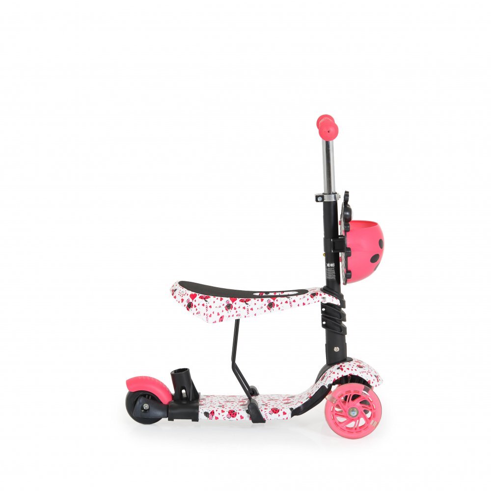 MONI Trotineta evolutiva Scooter 3in1 cu maner parentalviraj intuitivinaltime ghidon reglabila pe 3 nivelebaza antiderapantascaunel cu spatarroti PU cu lumini si cosulet Lollipop Red