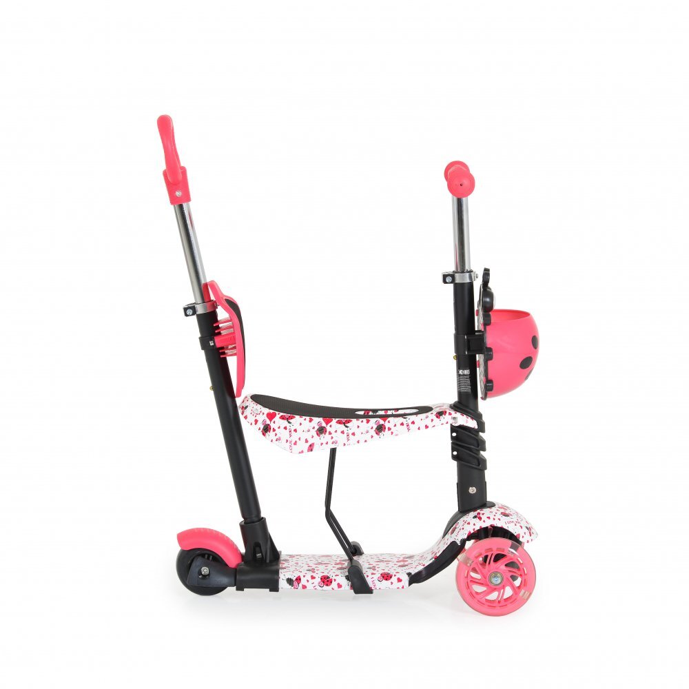 MONI Trotineta evolutiva Scooter 3in1 cu maner parentalviraj intuitivinaltime ghidon reglabila pe 3 nivelebaza antiderapantascaunel cu spatarroti PU cu lumini si cosulet Lollipop Red