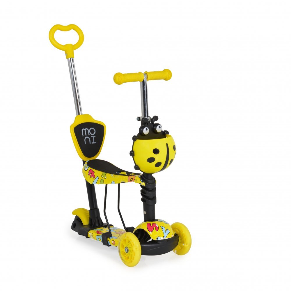 MONI Trotineta evolutiva Scooter 3in1 cu maner parentalviraj intuitivinaltime ghidon reglabila pe 3 nivelebaza antiderapantascaunel cu spatarroti PU cu lumini si cosulet Lollipop Yellow