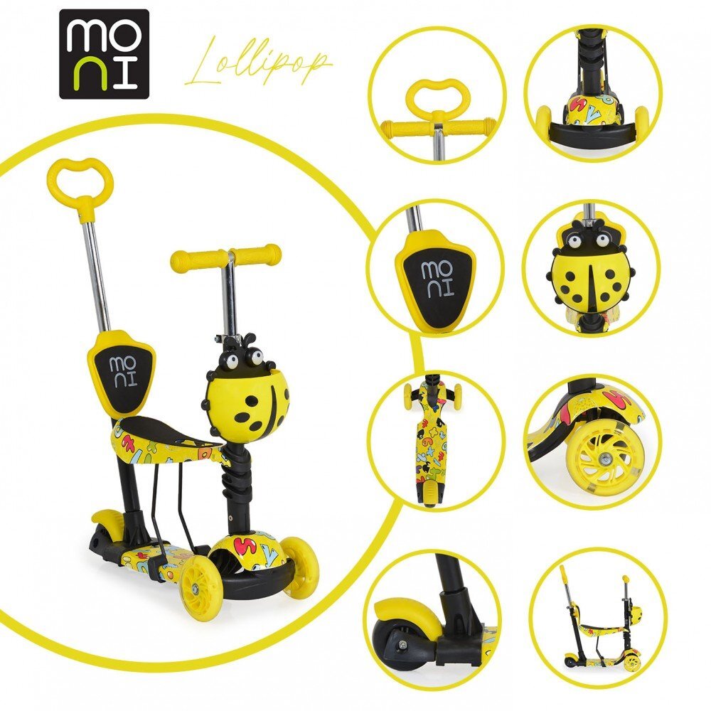 MONI Trotineta evolutiva Scooter 3in1 cu maner parentalviraj intuitivinaltime ghidon reglabila pe 3 nivelebaza antiderapantascaunel cu spatarroti PU cu lumini si cosulet Lollipop Yellow