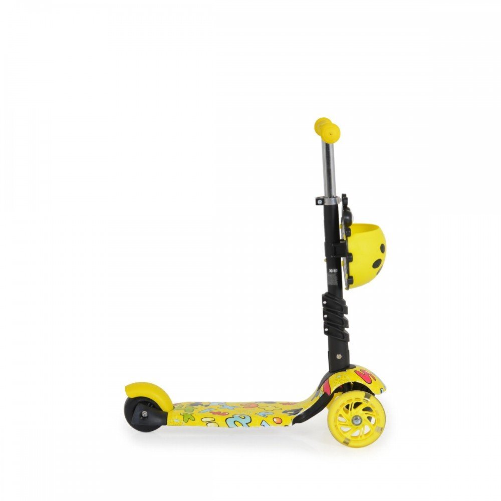 MONI Trotineta evolutiva Scooter 3in1 cu maner parentalviraj intuitivinaltime ghidon reglabila pe 3 nivelebaza antiderapantascaunel cu spatarroti PU cu lumini si cosulet Lollipop Yellow