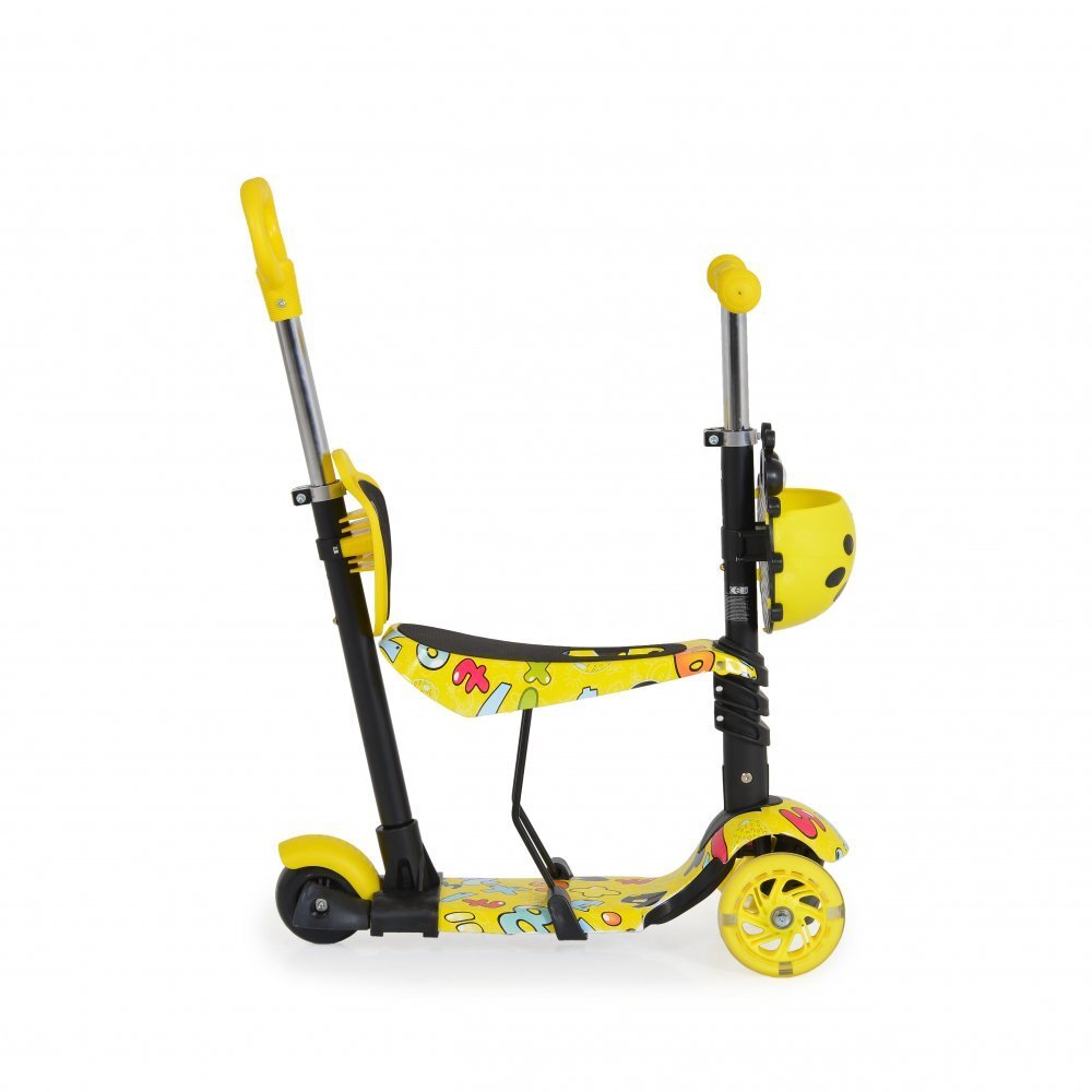 MONI Trotineta evolutiva Scooter 3in1 cu maner parentalviraj intuitivinaltime ghidon reglabila pe 3 nivelebaza antiderapantascaunel cu spatarroti PU cu lumini si cosulet Lollipop Yellow