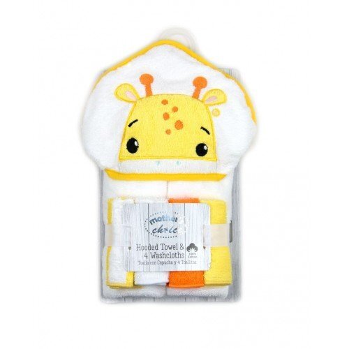 Mother's Choice Set cadou bebelusi cu 4 mini prosopele si prosop cu gluga din bumbac girafa