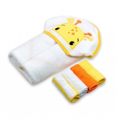 Mother's Choice Set cadou bebelusi cu 4 mini prosopele si prosop cu gluga din bumbac girafa