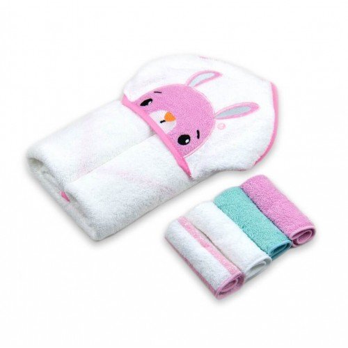 Mother's Choice Set cadou bebelusi cu 4 mini prosopele si prosop cu gluga din bumbac iepuras