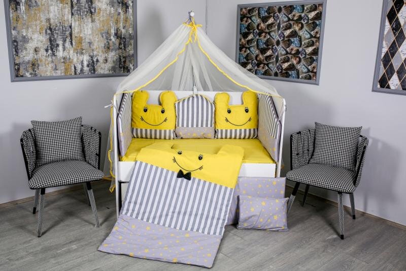 MYKIDS Lenjerie 10 piese Figures gri-galben fara baldachin 120x60 cm