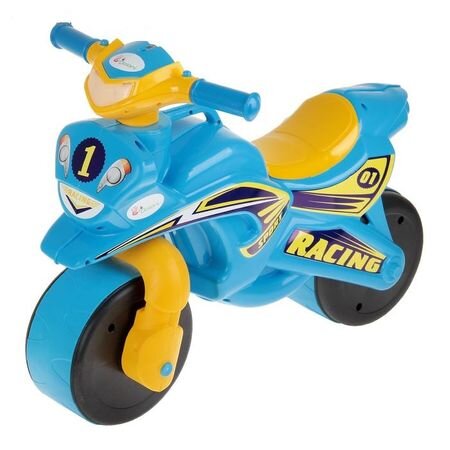 MYKIDS Motocicleta pentru copii fara pedale Racing 01391 AlbastruGalben prevazuta cu butoane pentru efecte sonore ghidon inalt Inaltimea scaunului 29 cm