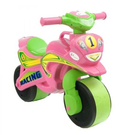 MYKIDS Motocicleta pentru copii fara pedale Racing 01393 RozVerde prevazuta cu butoane pentru efecte sonore ghidon inalt Inaltimea scaunului 29 cm