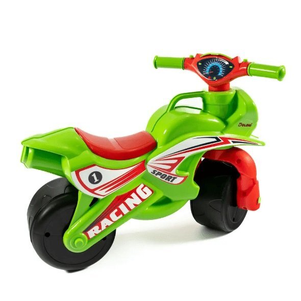 MYKIDS Motocicleta pentru copii fara pedale Racing 01395 VerdeRosu prevazuta cu butoane pentru efecte sonore ghidon inalt Inaltimea scaunului 29 cm