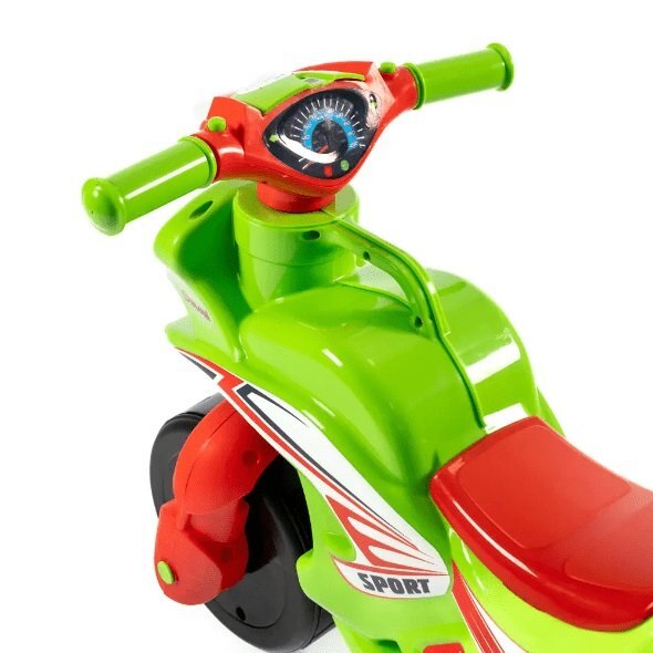 MYKIDS Motocicleta pentru copii fara pedale Racing 01395 VerdeRosu prevazuta cu butoane pentru efecte sonore ghidon inalt Inaltimea scaunului 29 cm