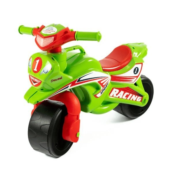 MYKIDS Motocicleta pentru copii fara pedale Racing 01395 VerdeRosu prevazuta cu butoane pentru efecte sonore ghidon inalt Inaltimea scaunului 29 cm