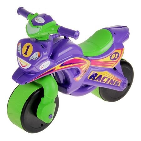 MYKIDS Motocicleta pentru copii fara pedale Racing 01396 Mov Verde prevazuta cu butoane pentru efecte sonore ghidon inalt Inaltimea scaunului 29 cm