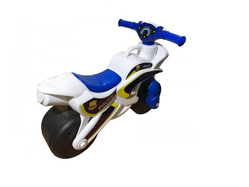MYKIDS Motocicleta pentru copii Police Music 013951 Alb Albastru fara pedale prevazuta cu butoane pentru efecte sonore ghidon inalt Inaltimea scaunului 29 cm