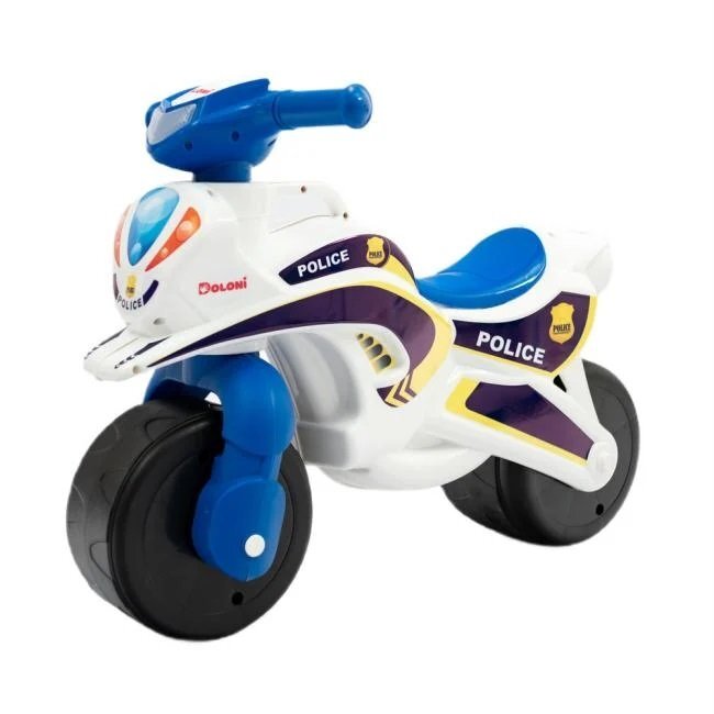 MYKIDS Motocicleta pentru copii Police Music 013951 Alb Albastru fara pedale prevazuta cu butoane pentru efecte sonore ghidon inalt Inaltimea scaunului 29 cm