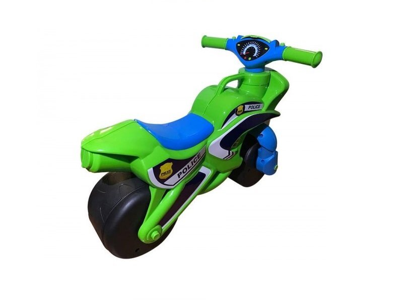 MYKIDS Motocicleta pentru copii Police Music 013952 Verde Albastru fara pedale prevazuta cu butoane pentru efecte sonore ghidon inalt Inaltimea scaunului 29 cm