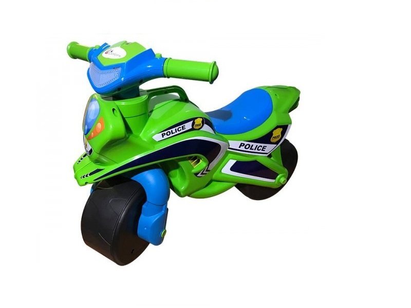 MYKIDS Motocicleta pentru copii Police Music 013952 Verde Albastru fara pedale prevazuta cu butoane pentru efecte sonore ghidon inalt Inaltimea scaunului 29 cm
