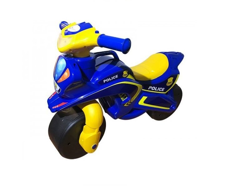 MYKIDS Motocicleta pentru copii Police Music 013957 Albastru Galben fara pedale prevazuta cu butoane pentru efecte sonore ghidon inalt Inaltimea scaunului 29 cm