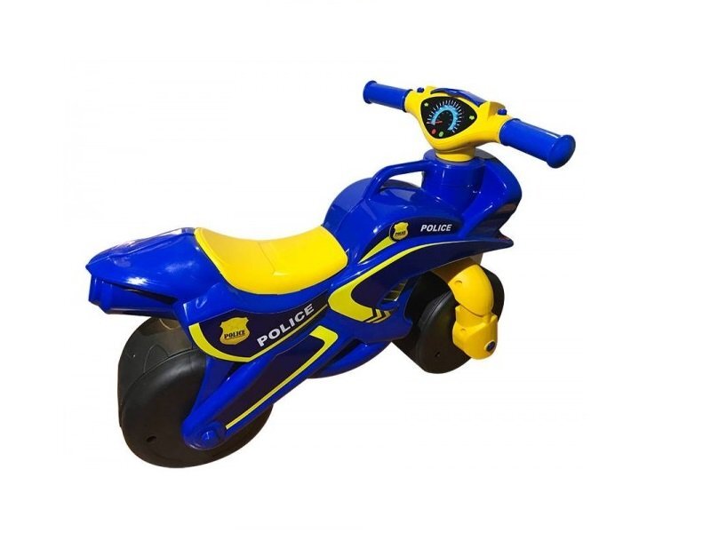 MYKIDS Motocicleta pentru copii Police Music 013957 Albastru Galben fara pedale prevazuta cu butoane pentru efecte sonore ghidon inalt Inaltimea scaunului 29 cm