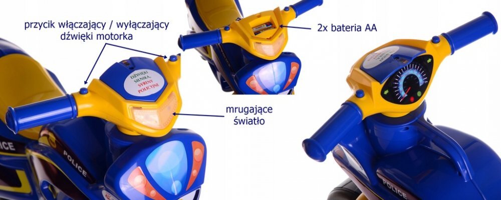 MYKIDS Motocicleta pentru copii Police Music 013957 Albastru Galben fara pedale prevazuta cu butoane pentru efecte sonore ghidon inalt Inaltimea scaunului 29 cm