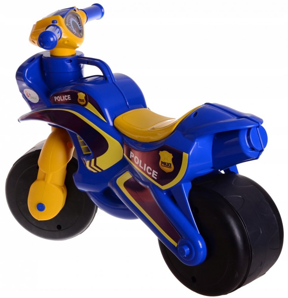 MYKIDS Motocicleta pentru copii Police Music 013957 Albastru Galben fara pedale prevazuta cu butoane pentru efecte sonore ghidon inalt Inaltimea scaunului 29 cm