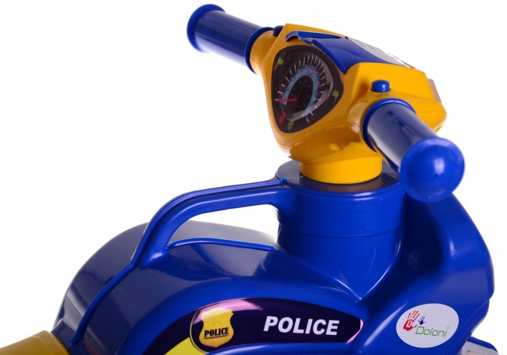 MYKIDS Motocicleta pentru copii Police Music 013957 Albastru Galben fara pedale prevazuta cu butoane pentru efecte sonore ghidon inalt Inaltimea scaunului 29 cm
