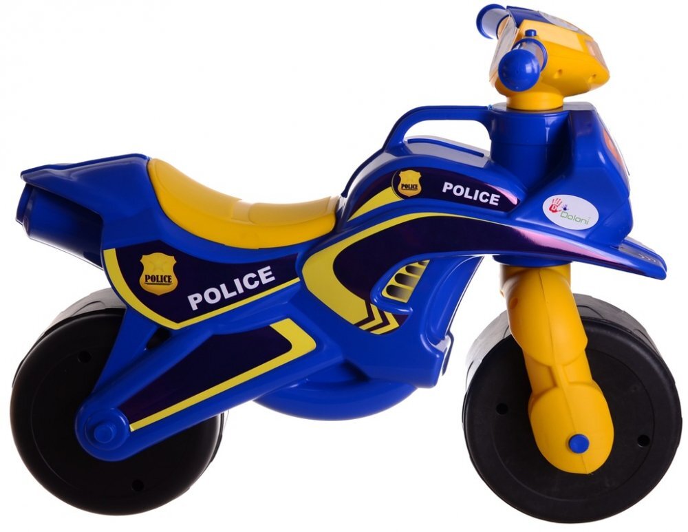 MYKIDS Motocicleta pentru copii Police Music 013957 Albastru Galben fara pedale prevazuta cu butoane pentru efecte sonore ghidon inalt Inaltimea scaunului 29 cm