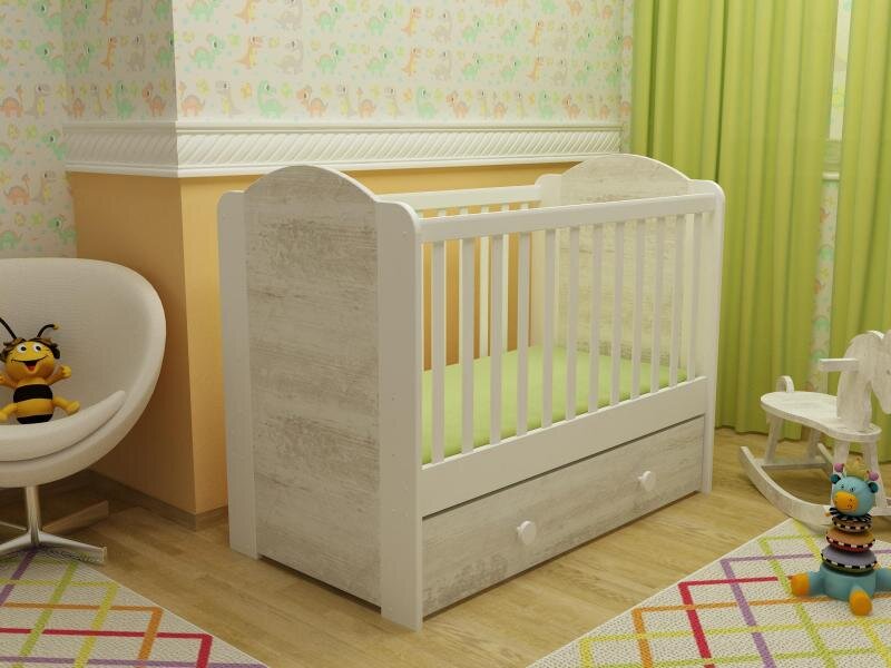 MYKIDS Patut cu sertar Happy cu leganare alb-antik A428