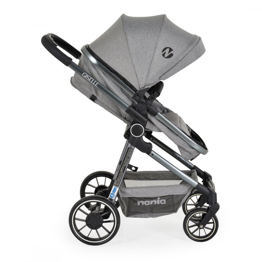 NANIA Carucior transformabil 2in1 Giselle Gray cu sezut reversibilpana la 4 ani sau maxim 22kgcenturi de sigurantaspatar reglabilcapotina XXLpliere compacta cu unitate scaunroti rezistentehusa pentru picioare inclusa