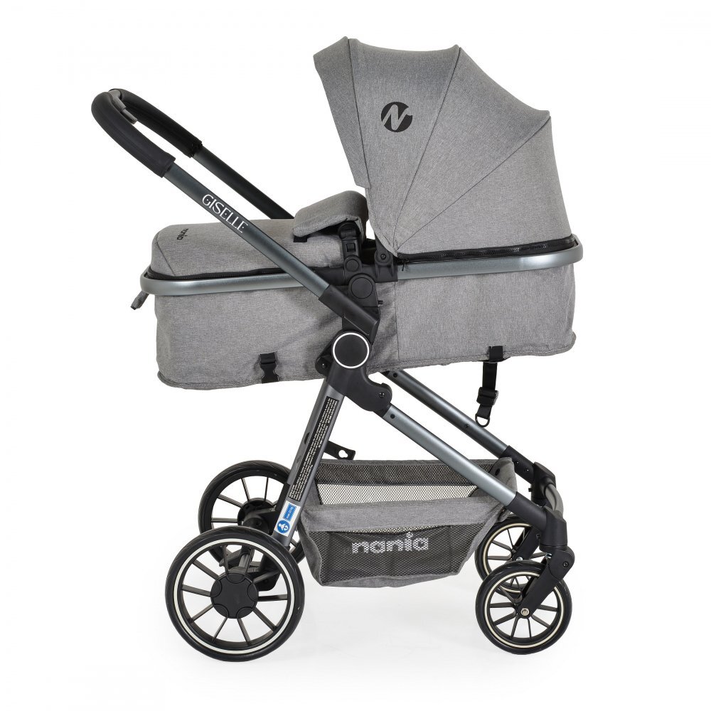NANIA Carucior transformabil 2in1 Giselle Gray cu sezut reversibilpana la 4 ani sau maxim 22kgcenturi de sigurantaspatar reglabilcapotina XXLpliere compacta cu unitate scaunroti rezistentehusa pentru picioare inclusa